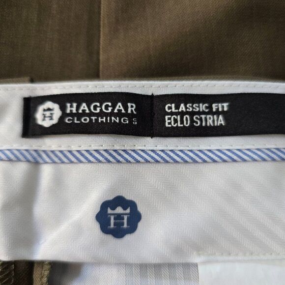 Haggar Dress Pants Mens 38x32 Brown Classic Fit ECLO STRIA Pleated Front Cuffed - Picture 7 of 9